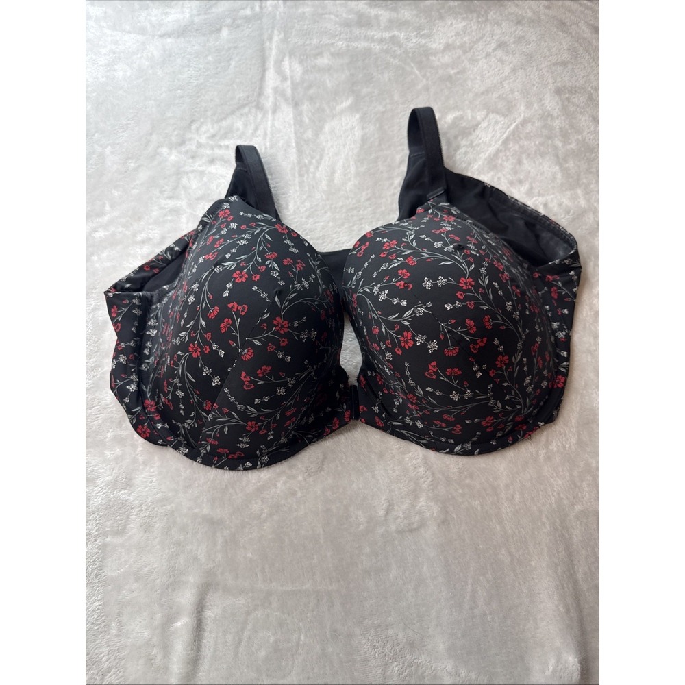 Torrid Perfect T-Shirt Bra 46D Front-Close Lightly Lined Black Red Floral